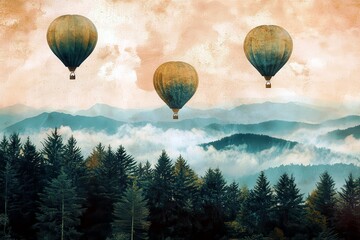 Fototapeta premium Hot air balloons floating over serene mountain landscape with misty valleys and lush evergreen forests under a dramatic pastel sky at sunrise