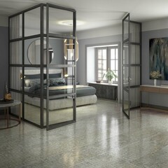 Luxury comfy bedroom interior design with wooden comfy bed and wooden chair besides wall of window to back yard and marble floor and on wall and essential decor item, grey wall. 3D Rendering