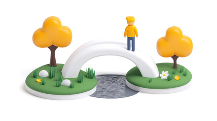 A whimsical, colorful scene featuring a figure on a white bridge surrounded by yellow trees and greenery.