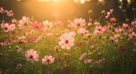 Fototapeta premium Sunrise Cosmos Flower Field A Breathtaking View of Pink Blossoms at Golden Hour