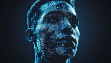 Human Face Outlined With Interconnected Digital Circuits, 1s, And 0s On A Dark Background.