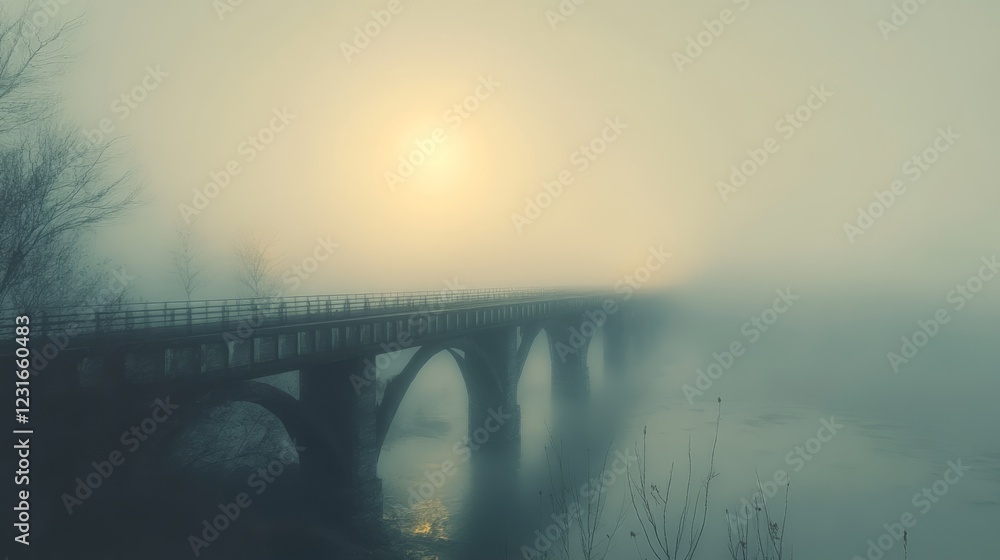 Poster a bridge over a river with fog in the background. the sun is setting. there are trees in the backgro