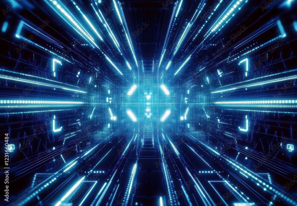 Poster abstract futuristic digital tunnel with glowing neon lights and data streams creating a sense of dep