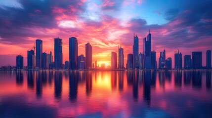 Fototapeta premium A surreal skyline of fantasy skyscrapers glowing under a radiant magical sunset