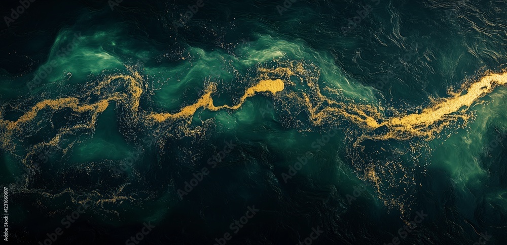 Poster emerald currents: abstract aerial view of swirling teal and gold liquid creating mesmerizing pattern