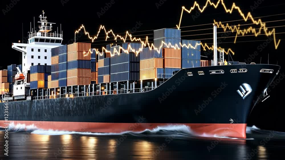 Poster cargo ship sails on calm waters under night sky, featuring colorful containers and dynamic data repr