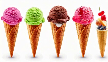Set of different types of ice cream balls in waffle cones with ice