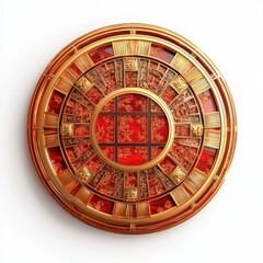 Feng Shui Bagua mirror with intricate red and gold patterns, placed on a bright white background