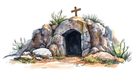 Open tomb at dawn symbolizes resurrection with rolled stone and cross, a serene Easter scene