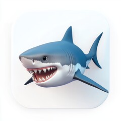 Fierce great white shark swimming with its sharp teeth showing, placed on a bright white background