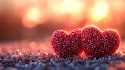 Fototapeta premium Emotive red fabric hearts natural wooden surface romantic setup warm lighting close-up view love concept