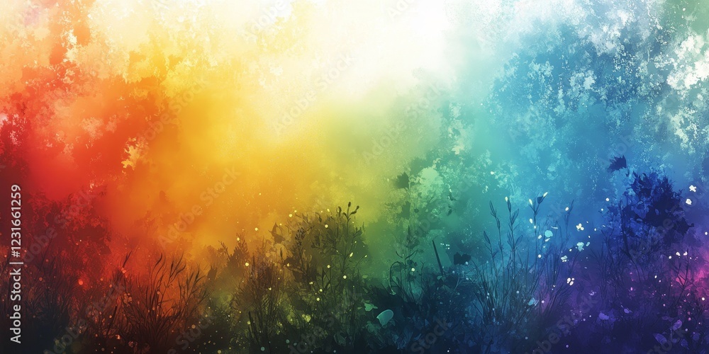 Poster a colorful forest with a rainbow background. the sky is filled with clouds and the trees are lush an