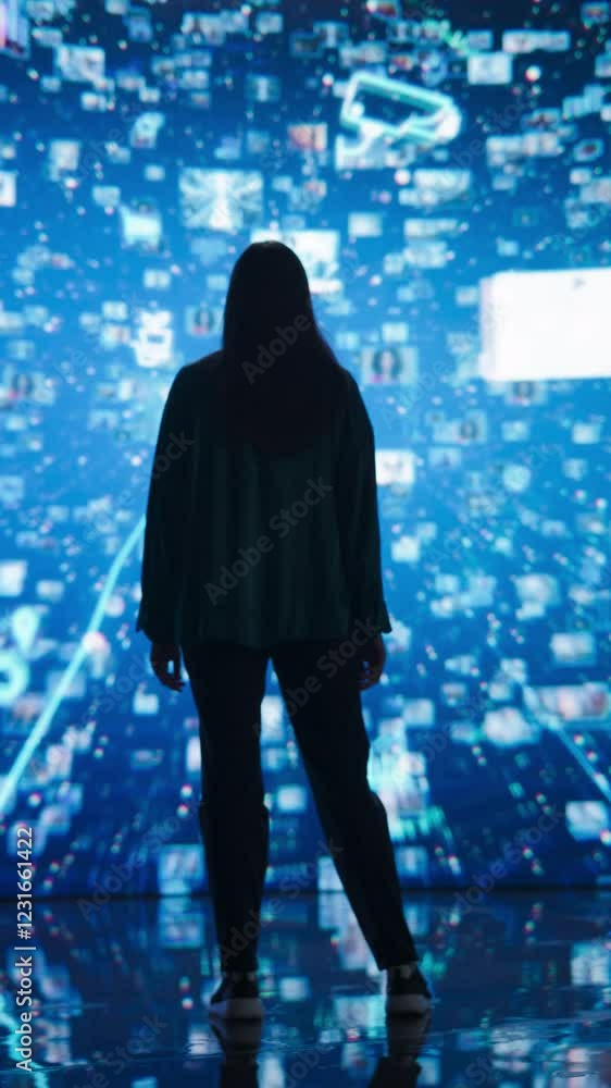 Poster Vertical Screen: Woman Standing Before a Dynamic Digital Screen, Immersed in Internet Visualization. Cyberspace with Web Content, Icons, Animated Stream of Online Applications and Entertainment