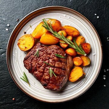 Delicious grilled beef steak with potatoes and rosemary