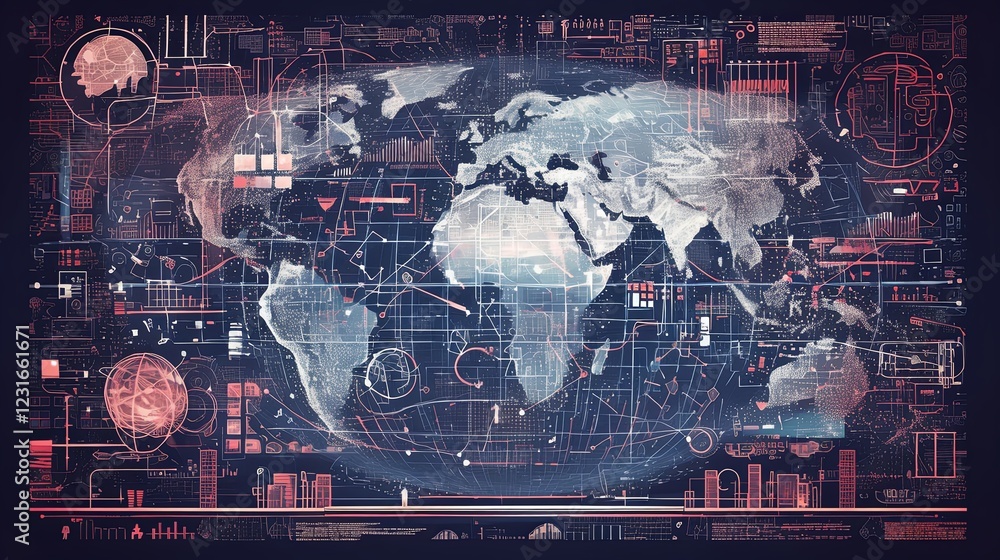 Poster futuristic digital map highlighting technological connectivity and global data exchange