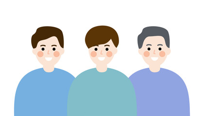 Happy family. Smiling young son and elder father. Group of men. Positive relationship, communication concepts. Flat vector people character design isolated illustration.