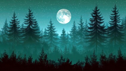 Fototapeta premium Serene Forest Landscape Under a Bright Full Moon with Starry Night Sky and Silhouetted Pine Trees in an Enchanting Blue Atmosphere