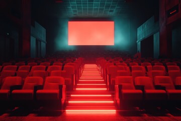 Obraz premium Empty cinema, red seats, neon lights, movie screen, night