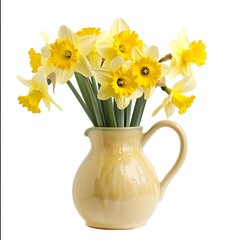 Fototapeta premium Daffodil flowers in jug on white background