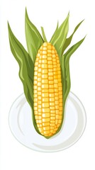 Illustration of a fresh corn cob with green leaves on a white plate, perfect for culinary, agricultural, and healthy eating themes.