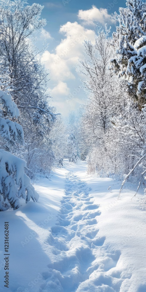Poster snowy path through a forest with trees in the background. the snow is deep and the trees are bare. t