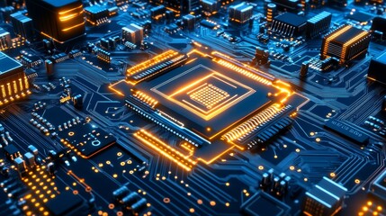 Futuristic Technology Glowing Circuit Board with Intricate Design in Orange and Cyan