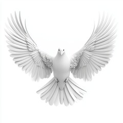 Obraz premium Fluffy white dove with outstretched wings in flight, isolated on a clean white background