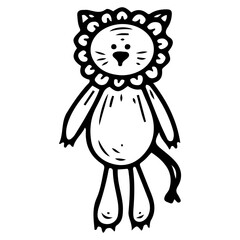 Plush lion. Hand drawn doodle. Comforter for newborn. Soft toy for baby. Textile cute item for children. Vector line art illustration.