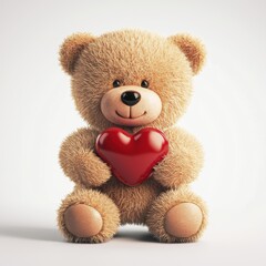 Fluffy teddy bear holding a heart, isolated on a clean white background