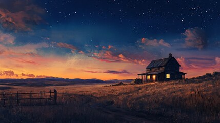 Rural house sunset landscape, starry night, peaceful countryside scene. Perfect for travel brochures