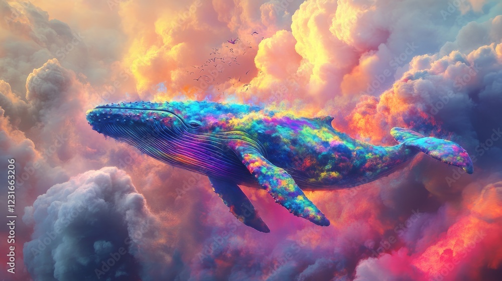 Poster a colorful whale is flying through the sky. the whale is surrounded by clouds. the sky is filled wit
