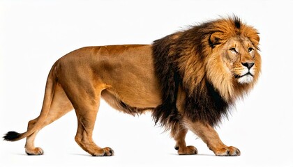 Side view of a Lion walking, looking at the camera, Panthera 