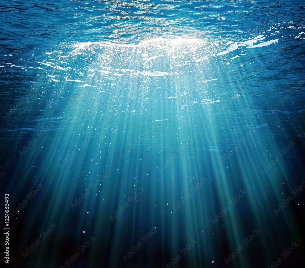 Poster sunlight filters through clear water creating a beautiful underwater scene with rays of light and sp
