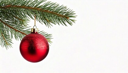 Obraz premium Single Red Christmas glass ball hanging from a pine branch, isolated on