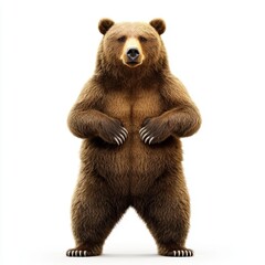 Fototapeta premium Brown grizzly bear standing on its hind legs, looking strong, centered on a clean white background