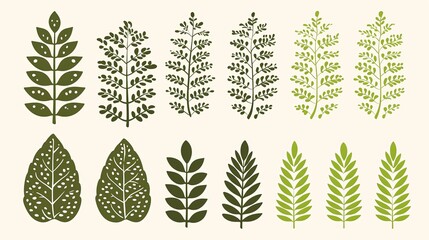 Obraz premium Vector illustration of botanical leaves with diverse design patterns in green tones