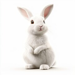 Obraz premium Fluffy white rabbit sitting on its hind legs with perked ears, isolated on a clean white background