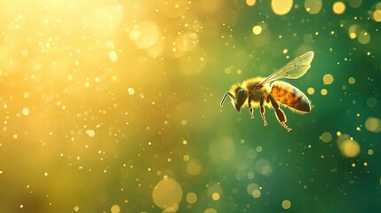 Naklejka premium Close up of a honey bee in flight with blurred golden bokeh background and beautiful lighting effect