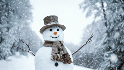 Fototapeta premium Snowman in winter setting,Christmas background.white background