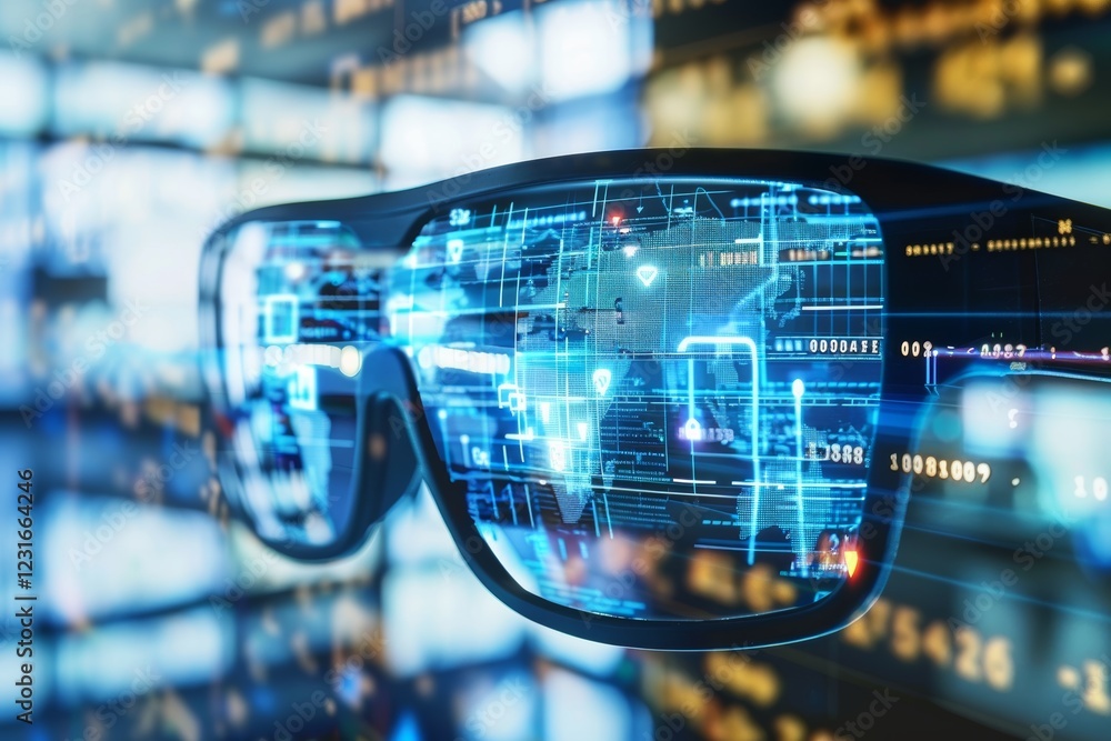 Poster augmented reality glasses being used to analyze data, augmented reality glasses displaying complex d