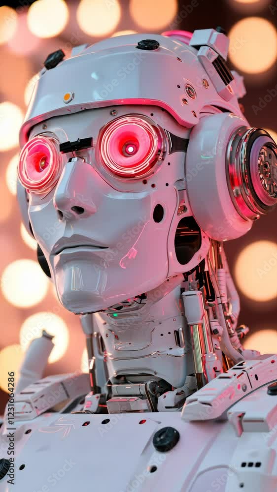 Poster futuristic humanoid robot with glowing red eyes in an illuminated environment showcasing advanced te