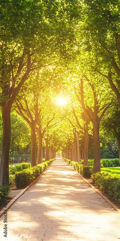 Poster a serene walkway in a park, lined with tall trees and bathed in warm sunlight, creating a peaceful a