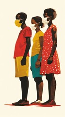 Obraz premium Three young individuals wearing masks, standing in line and maintaining distance