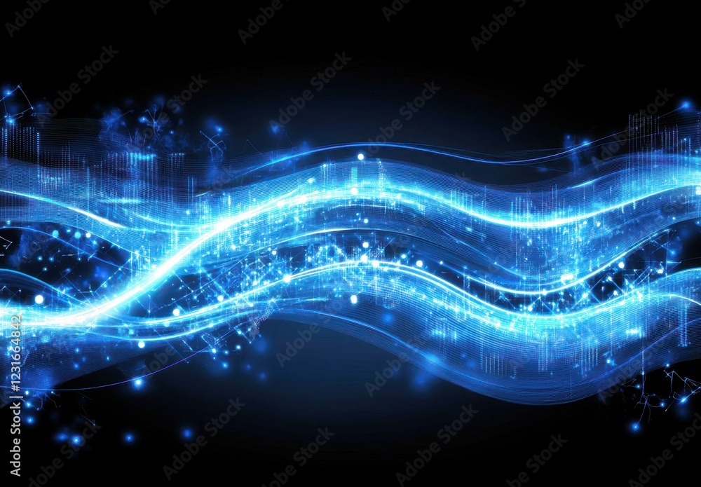 Poster abstract flowing lines with luminous particles and glowing waves on dark background representing dig