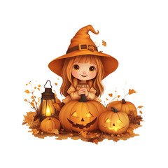 Fototapeta premium Adorable Witch Girl with Jack-o'-lanterns and Lantern for Halloween