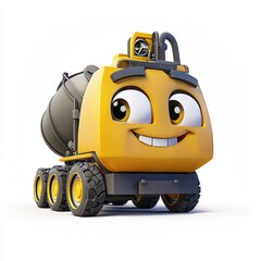 Cartoon-style cement mixer with exaggerated features and a smiling face, centered on a clean white background