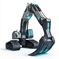 Fototapeta premium Futuristic electric-powered excavator with a sleek design, centered on a clean white background