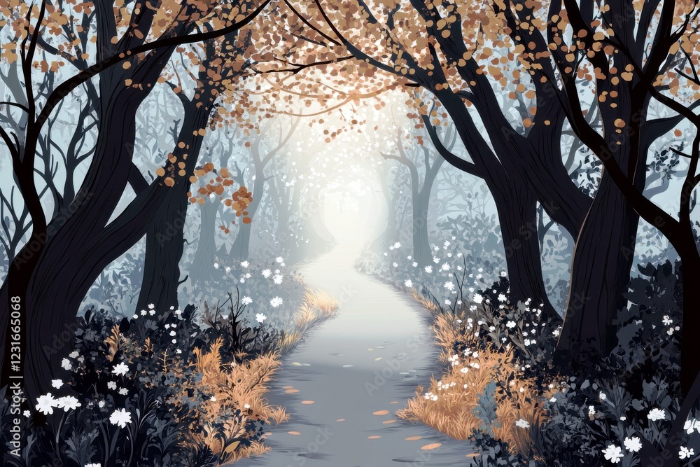 Poster serene autumn forest pathway with gentle light filtered through leaves creating a dreamlike atmosphe