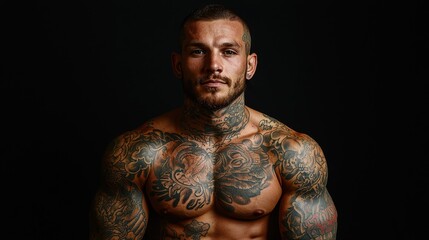 Fototapeta premium Muscular fitness model pose studio portrait photography dark background close-up strength and beauty