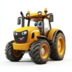 Cartoon-style tractor with exaggerated features and a smiling face, centered on a clean white background